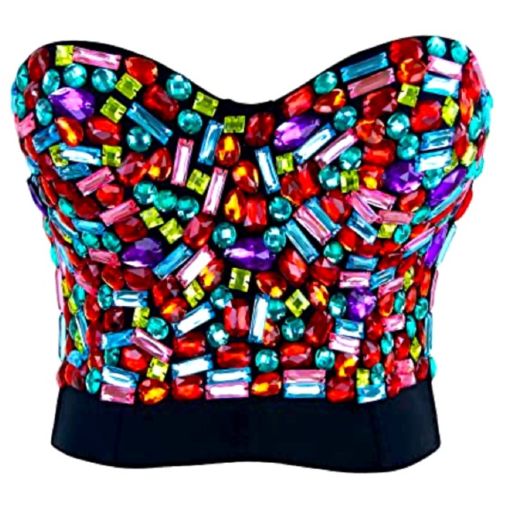 Dazzle gemstone corset Multicolored Rhinestone Push Up party retro Top black S